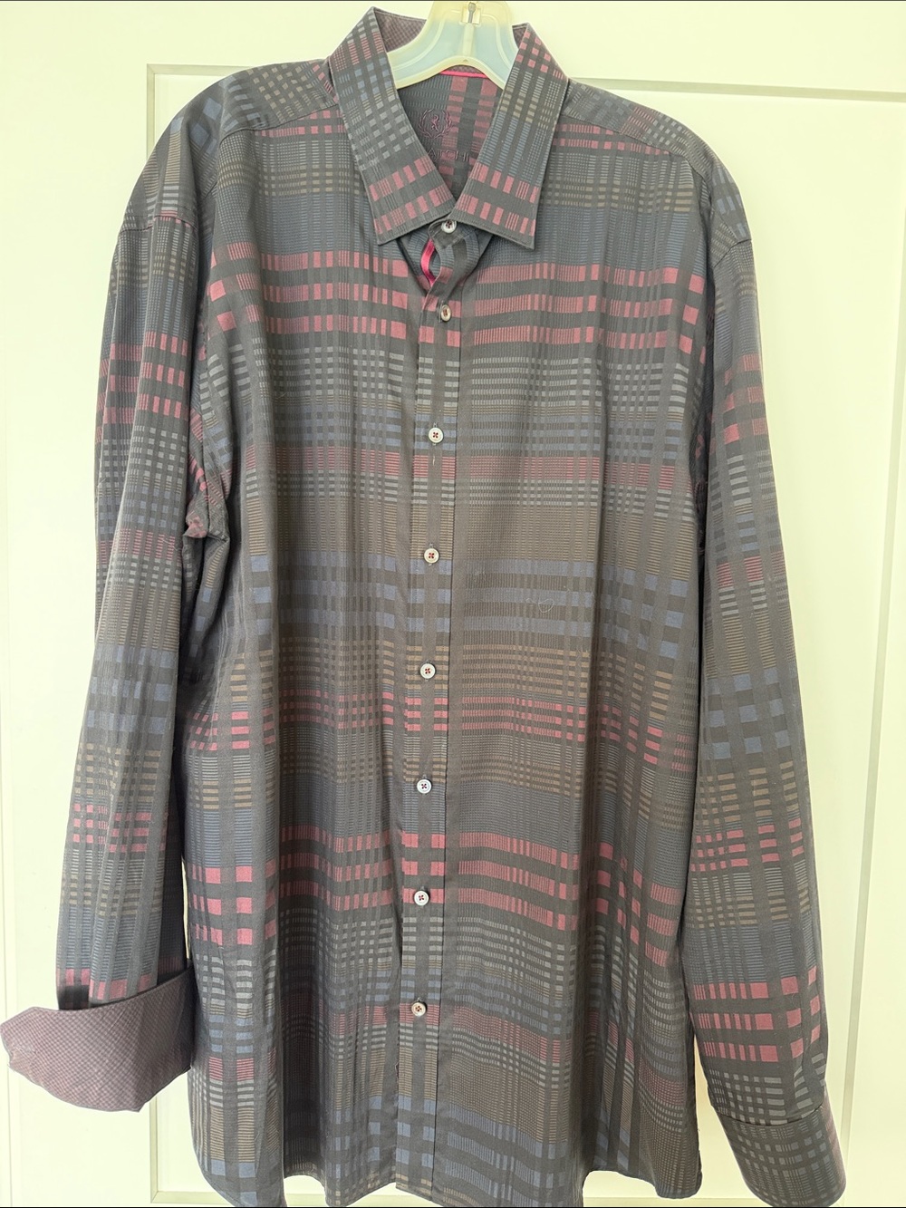 Bugatchi Grey Plaid Button-Down Shirt with red/pink Accents